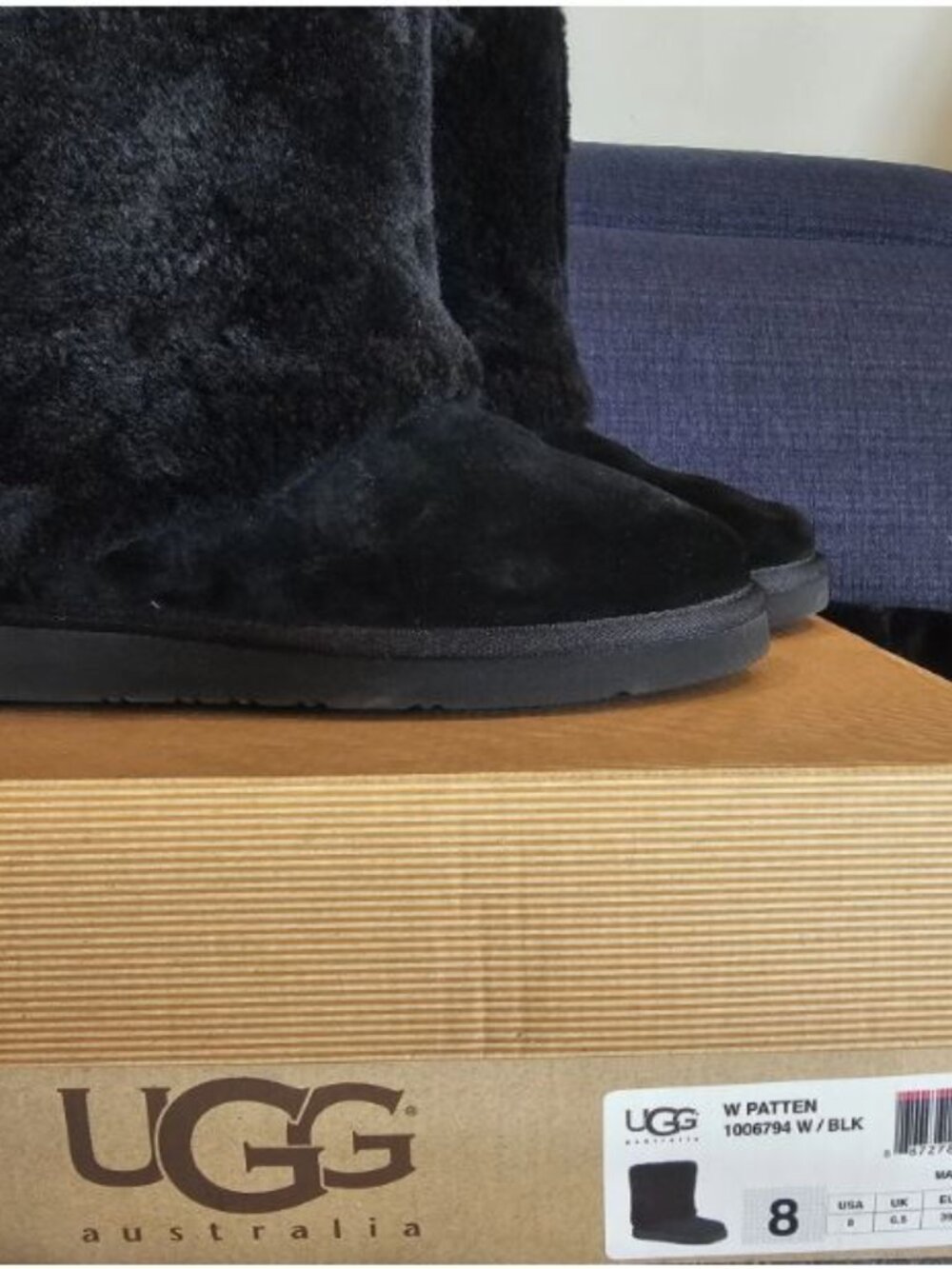 UGG Fuzzy Black Patten Boots-NEW in the box size 8
